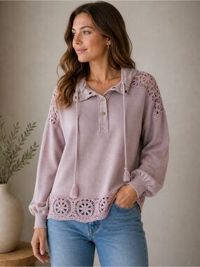 Hem & Thread Lace Trim Pullover Hoodie - Dusty Rose NWT